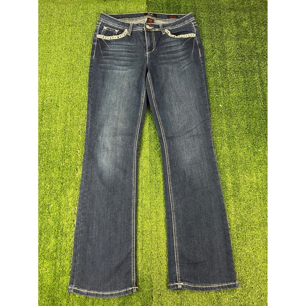 Earl Jean Womens 10 Bootcut Jeans Dark Wash Embroidered Cross Pockets Bling
